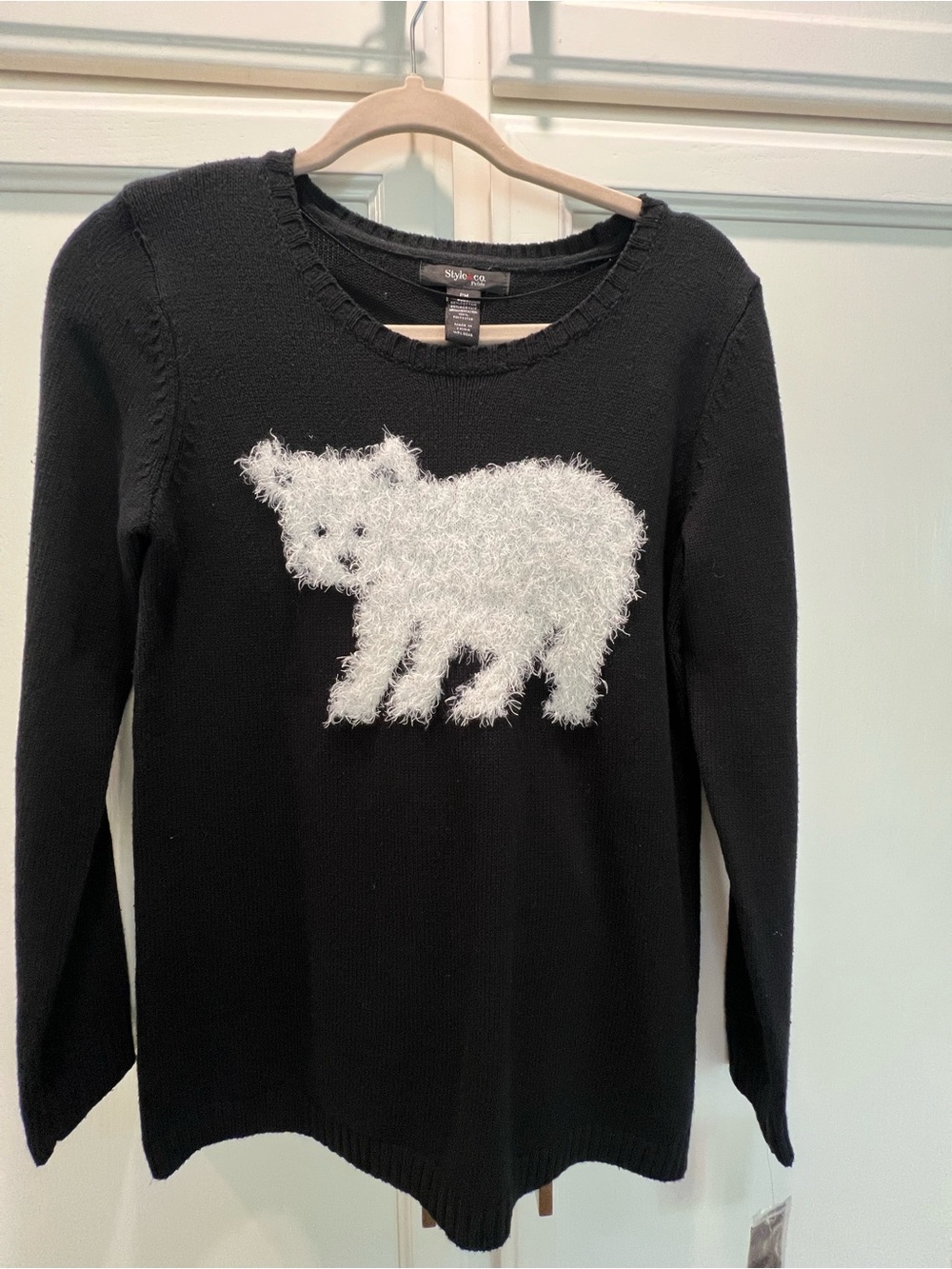 New Black Sweater with White Fuzzy Bear Graphic - Size PM
